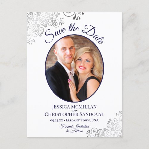 Silver Lace Navy White Wedding Save the Date Photo Announcement Postcard