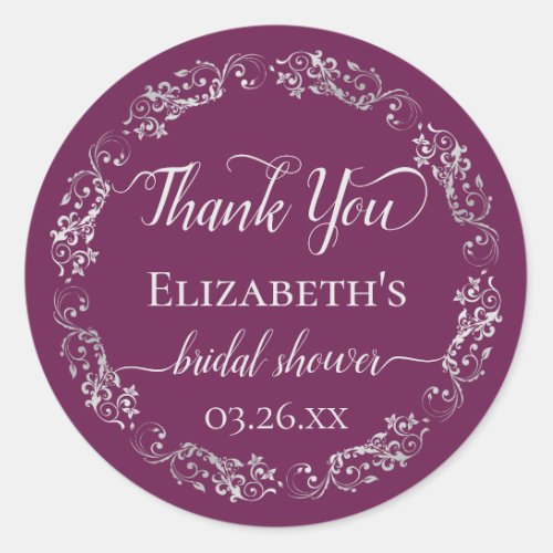 Silver Lace on Berry Bridal Shower Thank You Classic Round Sticker