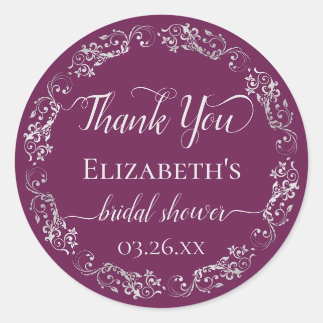 Silver Lace on Berry Bridal Shower Thank You Classic Round Sticker (Front)