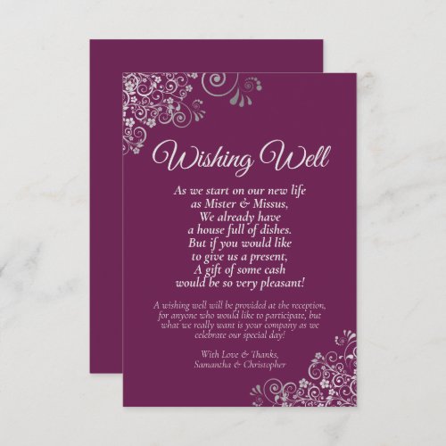 Silver Lace on Berry Wedding Wishing Well Poem Enclosure Card