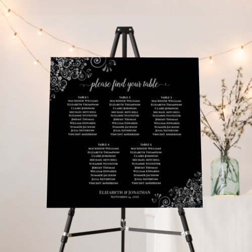 Silver Lace on Black 5 Table Wedding Seating Chart Foam Board