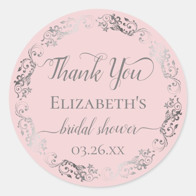 Silver Lace on Blush Pink Bridal Shower Thank You Classic Round Sticker (Front)