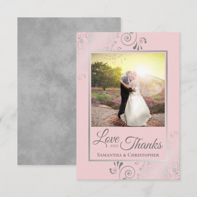 Silver Lace on Blush Pink Love & Thanks Wedding Thank You Card (Front/Back)