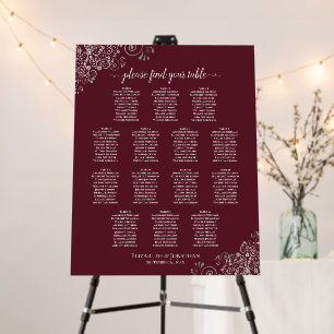 Silver Lace on Burgundy 14 Table Seating Chart Foam Board