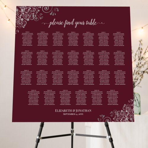 Silver Lace on Burgundy 27 Table Seating Chart Foam Board