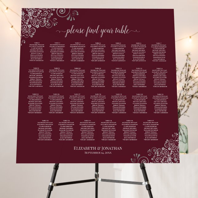 Silver Lace on Burgundy 27 Table Seating Chart Foam Board (In Situ (Stand))