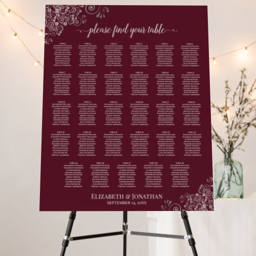 Silver Lace on Burgundy 29 Table Seating Chart Foam Board