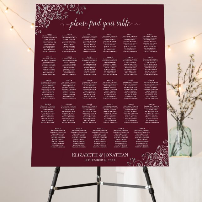 Silver Lace on Burgundy 29 Table Seating Chart Foam Board (In Situ (Stand))