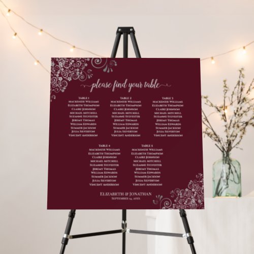 Silver Lace on Burgundy 5 Table Seating Chart Foam Board