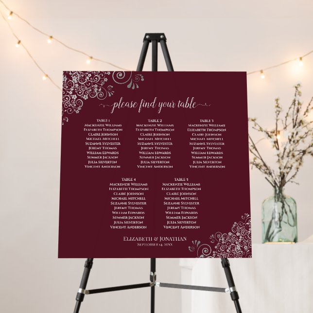 Silver Lace on Burgundy 5 Table Seating Chart Foam Board (In Situ (Stand))
