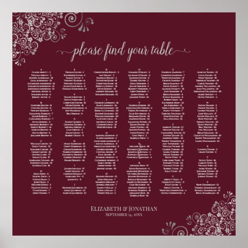 Silver Lace on Burgundy Alphabetical Seating Chart