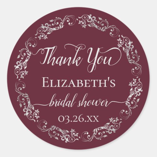Silver Lace on Burgundy Bridal Shower Thank You Classic Round Sticker
