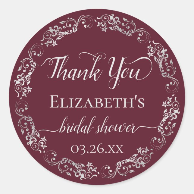 Silver Lace on Burgundy Bridal Shower Thank You Classic Round Sticker (Front)