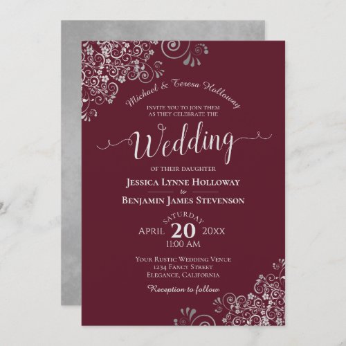 Silver Lace on Burgundy Elegant Formal Wedding Invitation