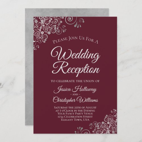 Silver Lace on Burgundy Elegant Wedding Reception Invitation