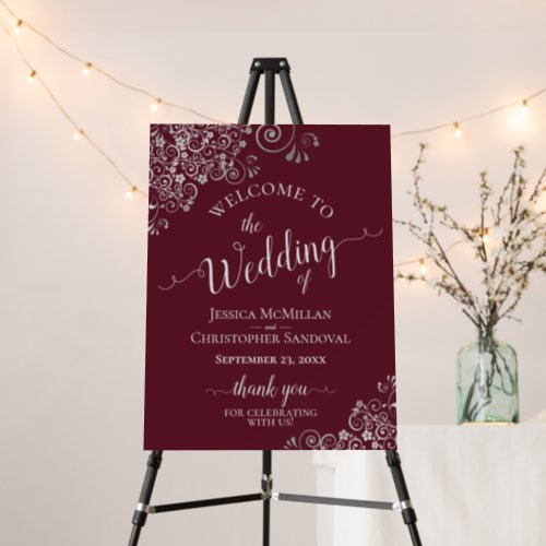 Silver Lace on Burgundy Elegant Wedding Welcome Foam Board