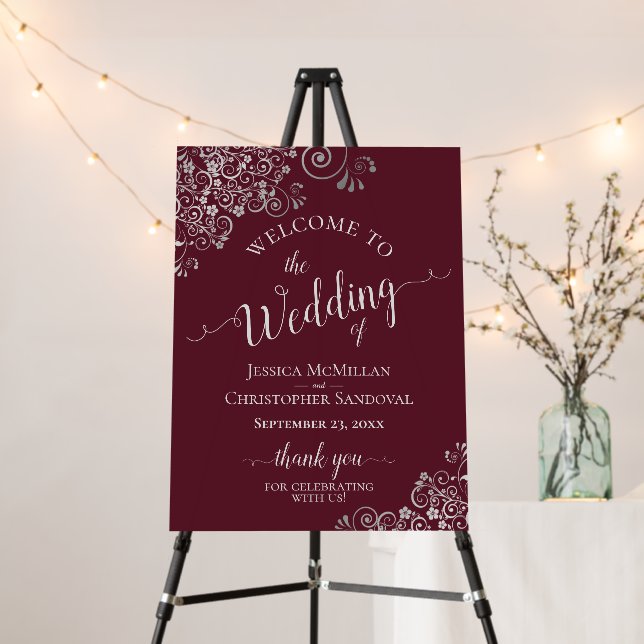 Silver Lace on Burgundy Elegant Wedding Welcome Foam Board (In Situ (Stand))