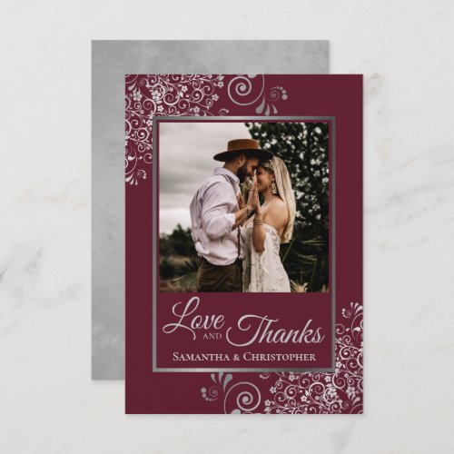 Silver Lace on Burgundy Love  Thanks Wedding Thank You Card