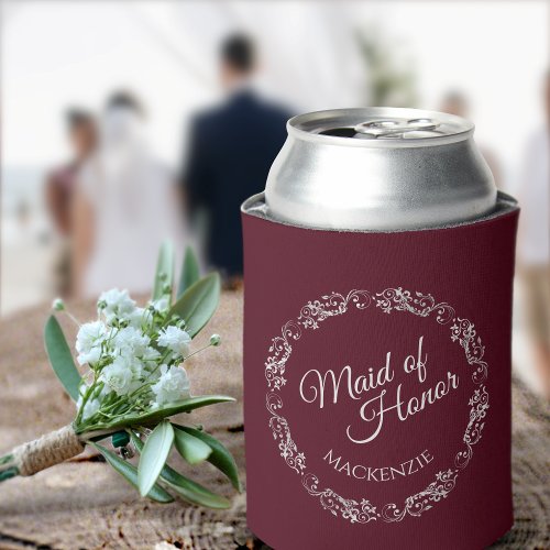 Silver Lace on Burgundy Maid of Honor Wedding Can Cooler