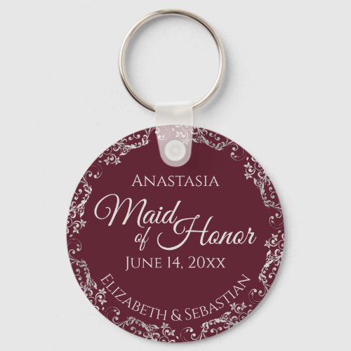 Silver Lace on Burgundy Maid of Honor Wedding Keychain