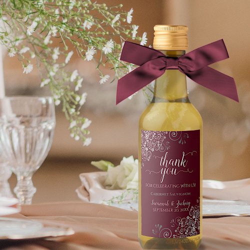 Silver Lace on Burgundy Wedding Thank You Mini Wine Label