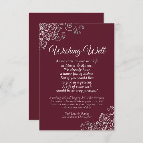 Silver Lace on Burgundy Wedding Wishing Well Poem Enclosure Card