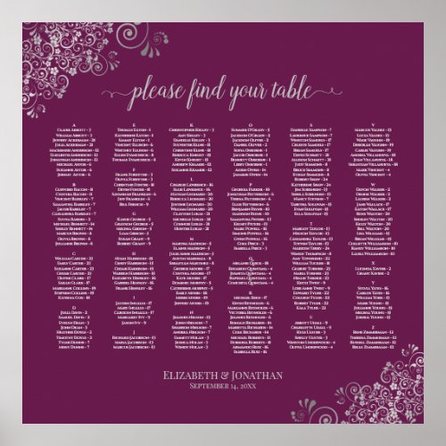 Silver Lace on Cassis Alphabetical Seating Chart