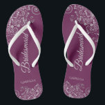 Silver Lace on Cassis Purple Bridesmaid Wedding Flip Flops<br><div class="desc">These elegant wedding flip flops are a great way to thank and recognize your bridesmaids, while giving their feet a rest after a long day. The beautiful design features an elegant design with silver gray lace frills on a cassis purple, magenta, or berry colored background and fancy pale gray script...</div>