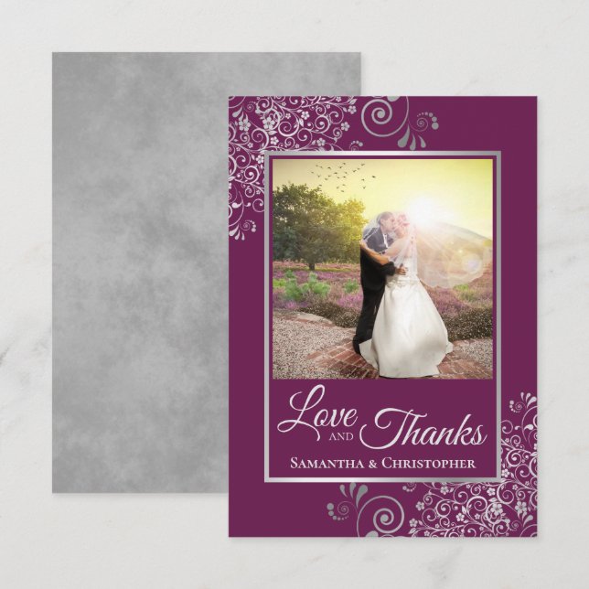 Silver Lace on Cassis Purple Love & Thanks Wedding Thank You Card (Front/Back)