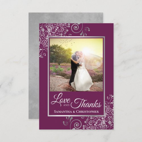 Silver Lace on Cassis Purple Love  Thanks Wedding Thank You Card