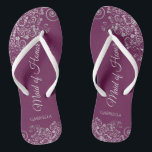 Silver Lace on Cassis Purple Maid of Honor Wedding Flip Flops<br><div class="desc">These beautiful wedding flip flops are a great way to thank and recognize your Maid of Honor while saving her feet at the same time. Features an elegant design with silver gray lace on a cassis purple, magenta, or berry colored background and fancy script lettering. The test reads Maid of...</div>