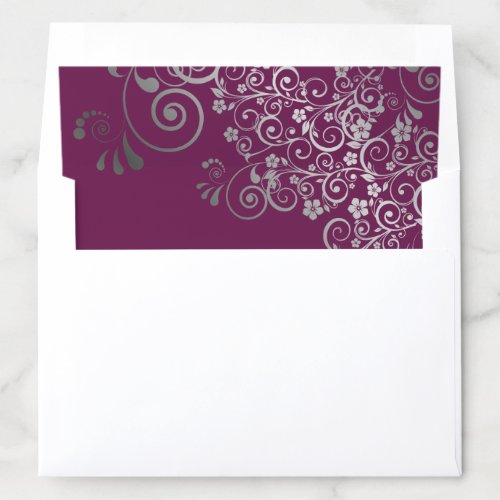 Silver Lace on Cassis Purple or Berry Wedding Envelope Liner