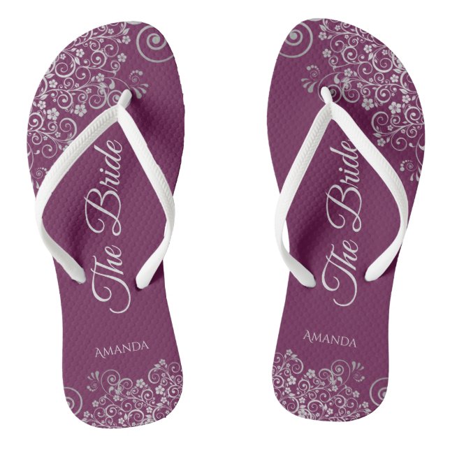 Silver Lace on Cassis Purple The Bride Wedding Flip Flops (Footbed)
