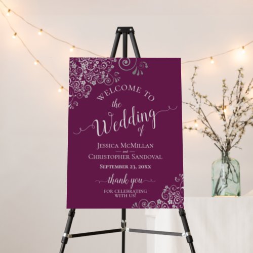 Silver Lace on Cassis Purple Wedding Welcome Foam Board