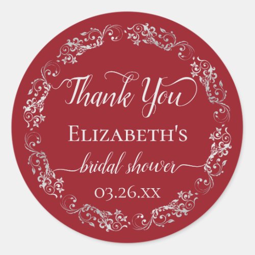 Silver Lace on Crimson Red Bridal Shower Thank You Classic Round Sticker