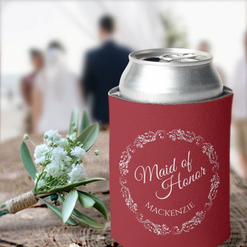 Silver Lace on Crimson Red Maid of Honor Wedding Can Cooler