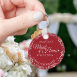 Silver Lace on Crimson Red Maid of Honor Wedding Keychain<br><div class="desc">These beautiful keychains are designed to be given as a gift or wedding favor to your maid of honor. The elegant design features a frilly silver gray faux foil border with pale gray text on a crimson red background. There is space for her name, the wedding date and the names...</div>