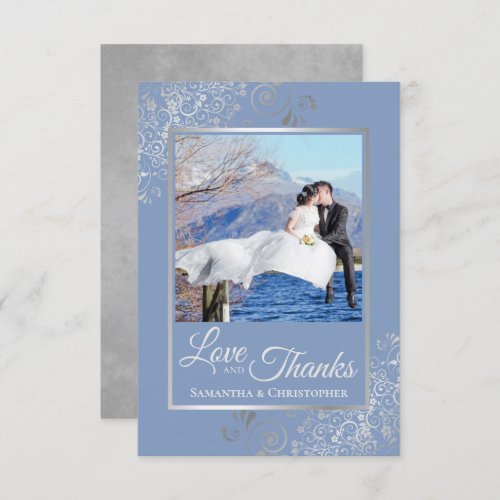 Silver Lace on Dusty Blue Love  Thanks Wedding Thank You Card