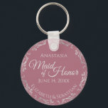 Silver Lace on Dusty Rose Maid of Honor Wedding Keychain<br><div class="desc">These beautiful keychains are designed to be given as a gift or wedding favor to your maid of honor. The elegant design features a frilly silver gray faux foil border with pale gray text on a dusty rose or mauve pink background. There is space for her name, the wedding date...</div>