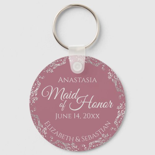 Silver Lace on Dusty Rose Maid of Honor Wedding Keychain