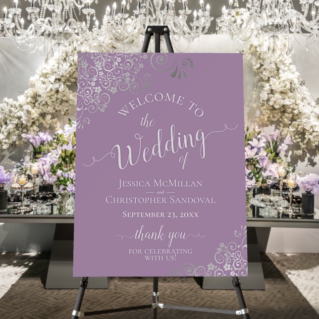 Silver Lace on Lavender Elegant Wedding Welcome Foam Board (In Situ on Stand with Decor)