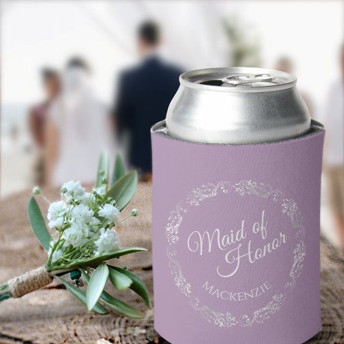 Silver Lace on Lavender Maid of Honor Wedding Can Cooler