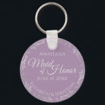 Silver Lace on Lavender Maid of Honor Wedding Keychain<br><div class="desc">These beautiful keychains are designed to be given as a gift or wedding favor to your maid of honor. The elegant design features a frilly silver gray faux foil border with pale gray text on a lavender or dusty purple background. There is space for her name, the wedding date and...</div>