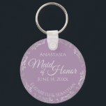 Silver Lace on Lavender Maid of Honor Wedding Keychain<br><div class="desc">These beautiful keychains are designed to be given as a gift or wedding favor to your maid of honor. The elegant design features a frilly silver gray faux foil border with pale gray text on a lavender or dusty purple background. There is space for her name, the wedding date and...</div>