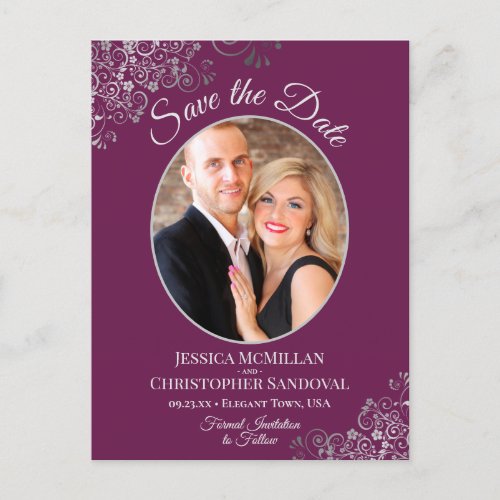 Silver Lace on Magenta Wedding Save the Date Photo Announcement Postcard