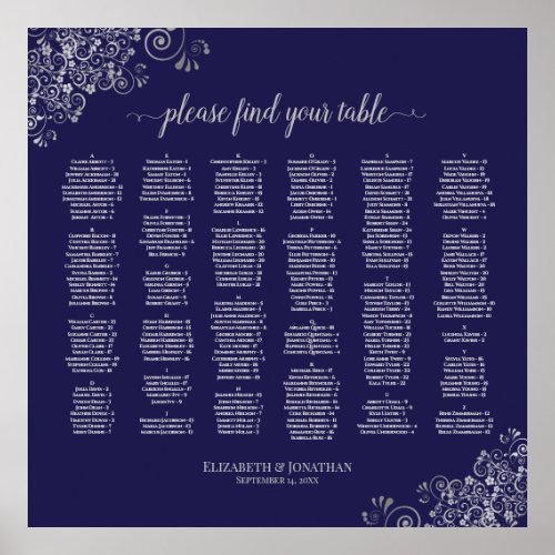 Silver Lace on Navy Alphabetical Seating Chart