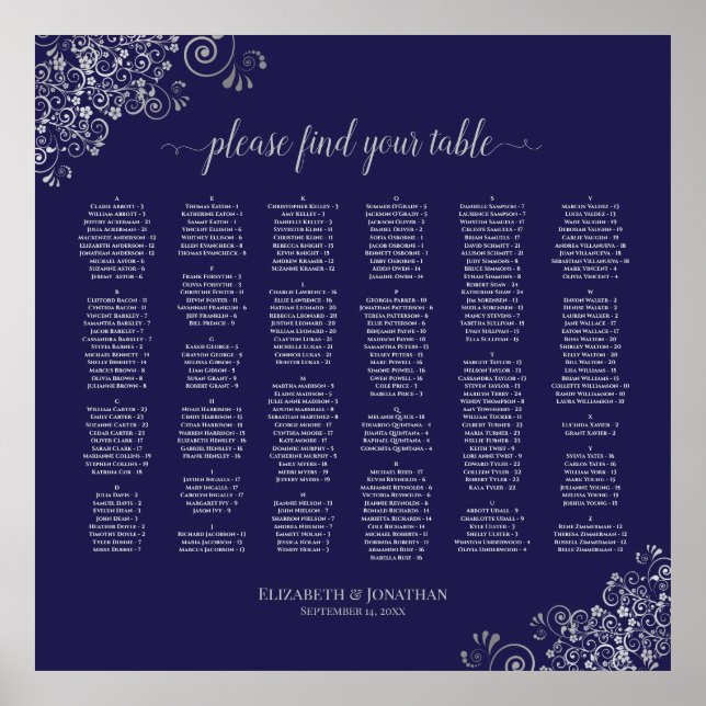 Silver Lace on Navy Alphabetical Seating Chart (Front)