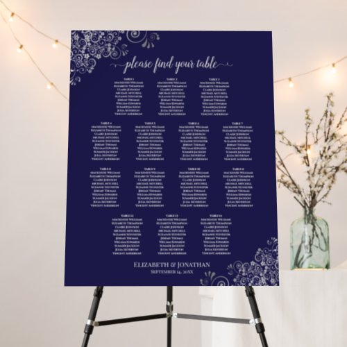 Silver Lace on Navy Blue 14 Table Seating Chart Foam Board