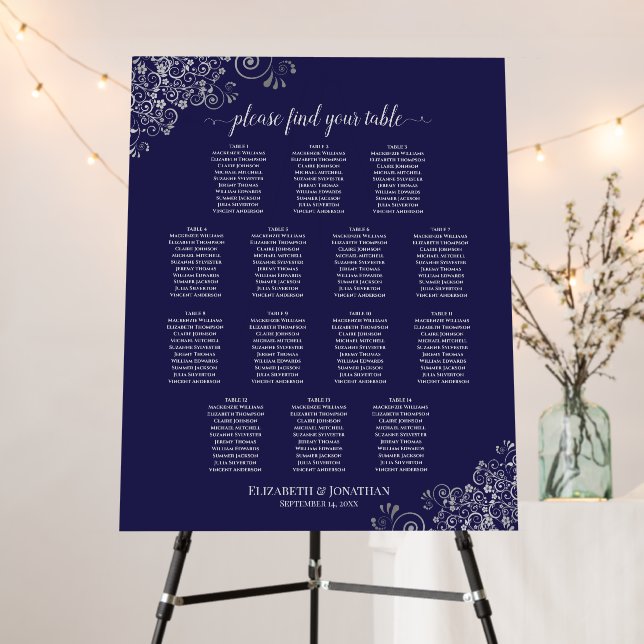 Silver Lace on Navy Blue 14 Table Seating Chart Foam Board (In Situ (Stand))