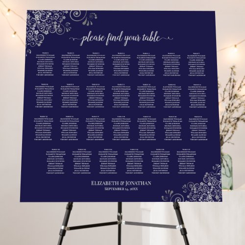 Silver Lace on Navy Blue 27 Table Seating Chart Foam Board